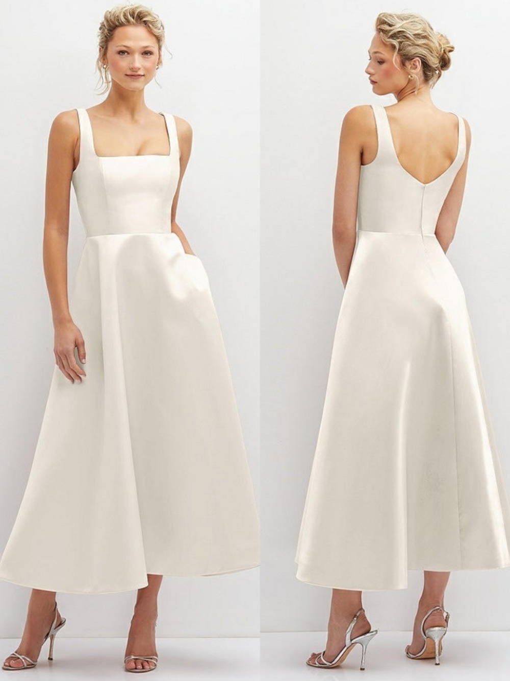 NEW 3140 DESSY COLLECTION Ivory SATEEN Bridal Pockets SQUARE NECK Midi GOWN 6